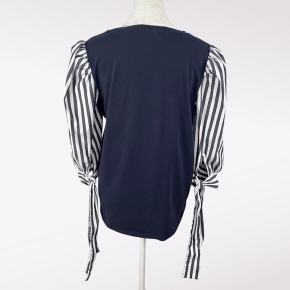 Chico’s Striped Puff Sleeve Tie Cuff Blouse Navy Top Size Medium - Picture 5 of 8